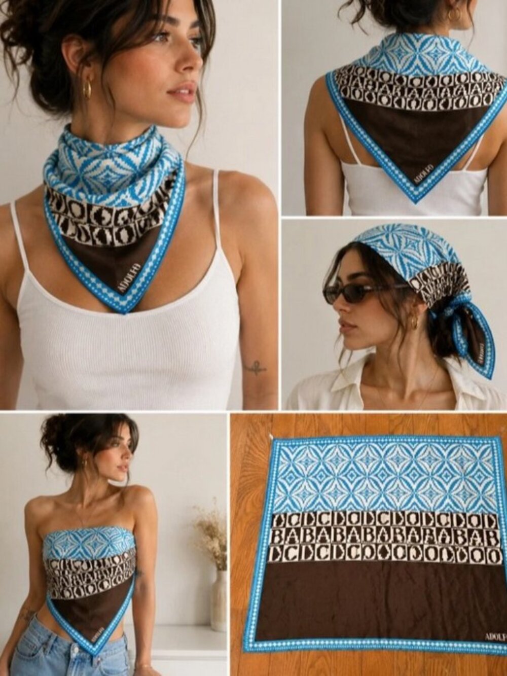 Vintage Adolfo 100% Silk Monogram Scarf Blue Brown Geometric Logo Bandana 30x30